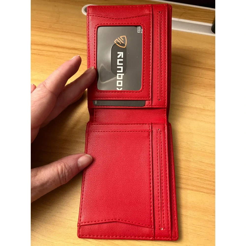 Runbox Mens Carbon Fiber Bifold Wallet Red Leather Interior RFID AirTag Holder